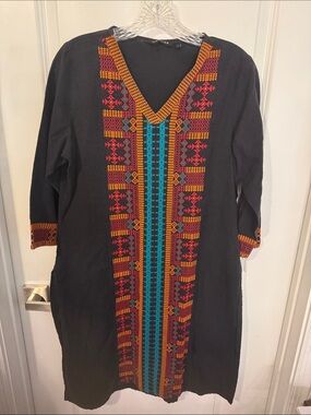 Melange Black Long-Sleeve Tunic Dress with Turquoise, Orange and Pink Embroidery